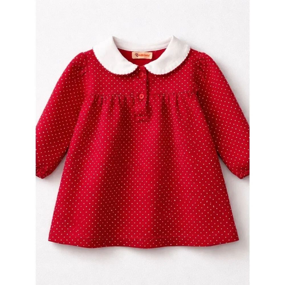 Baby Luigi Red with Swiss dot cotton jersey knit long sleeve  dress 18 months